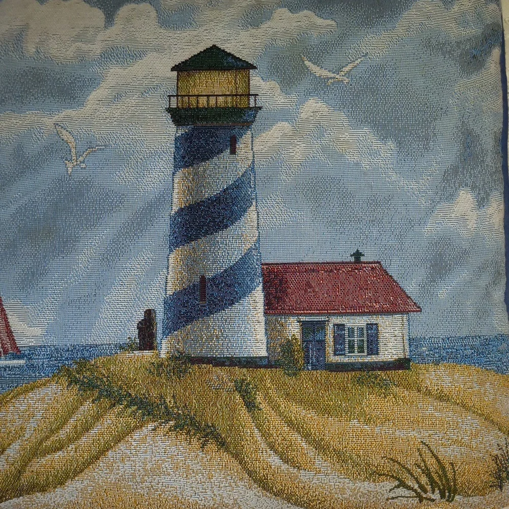 Lighthouse Boat Beach House Summer Tapestry Pillow